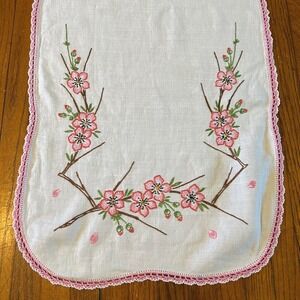 Vintage Embroidered Pink Cherry Blossoms Linen Table Runner Cottagecore Coquette
